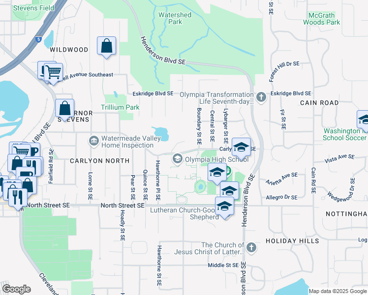 map of restaurants, bars, coffee shops, grocery stores, and more near 7 Hazard Lake Place Southeast in Olympia