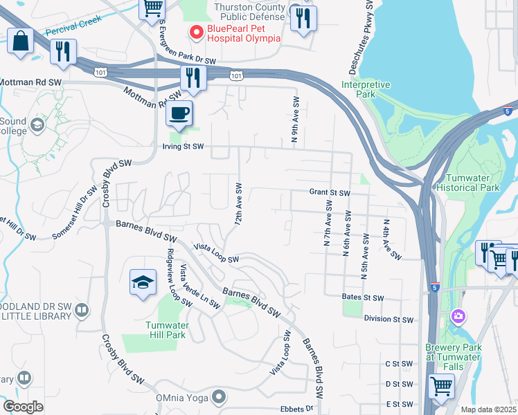 map of restaurants, bars, coffee shops, grocery stores, and more near 939 Grant Street Southwest in Tumwater