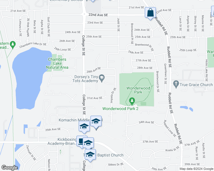 map of restaurants, bars, coffee shops, grocery stores, and more near 4805 30th Court Southeast in Lacey
