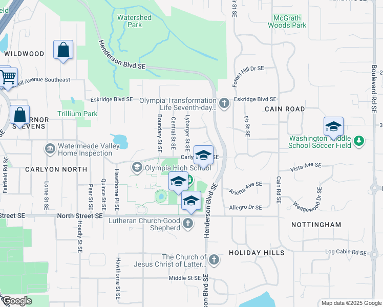 map of restaurants, bars, coffee shops, grocery stores, and more near 3017 Azalea Court Southeast in Olympia