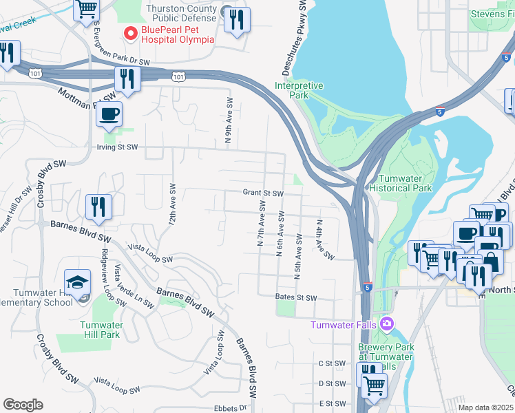 map of restaurants, bars, coffee shops, grocery stores, and more near 607 North 7th Avenue Southwest in Tumwater