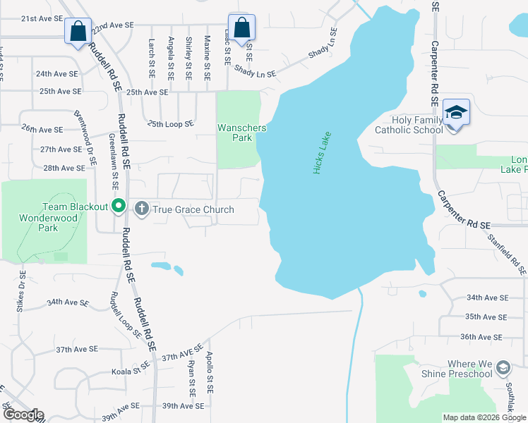 map of restaurants, bars, coffee shops, grocery stores, and more near 2808 Hicks Lake Lane Southeast in Lacey
