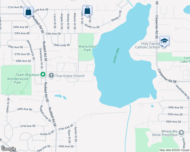 map of restaurants, bars, coffee shops, grocery stores, and more near 2808 Hicks Lake Lane Southeast in Lacey