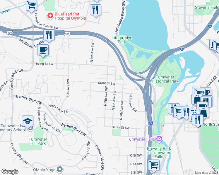map of restaurants, bars, coffee shops, grocery stores, and more near 621 North 6th Avenue Southwest in Tumwater