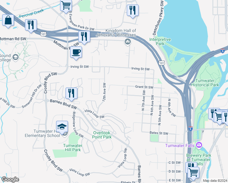 map of restaurants, bars, coffee shops, grocery stores, and more near 939 Grant Street Southwest in Tumwater
