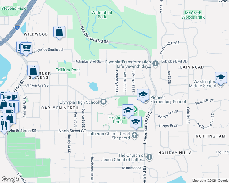 map of restaurants, bars, coffee shops, grocery stores, and more near 3043 Boundary Street Southeast in Olympia
