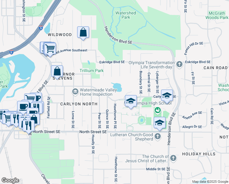 map of restaurants, bars, coffee shops, grocery stores, and more near 1100 Carlyon Avenue Southeast in Olympia
