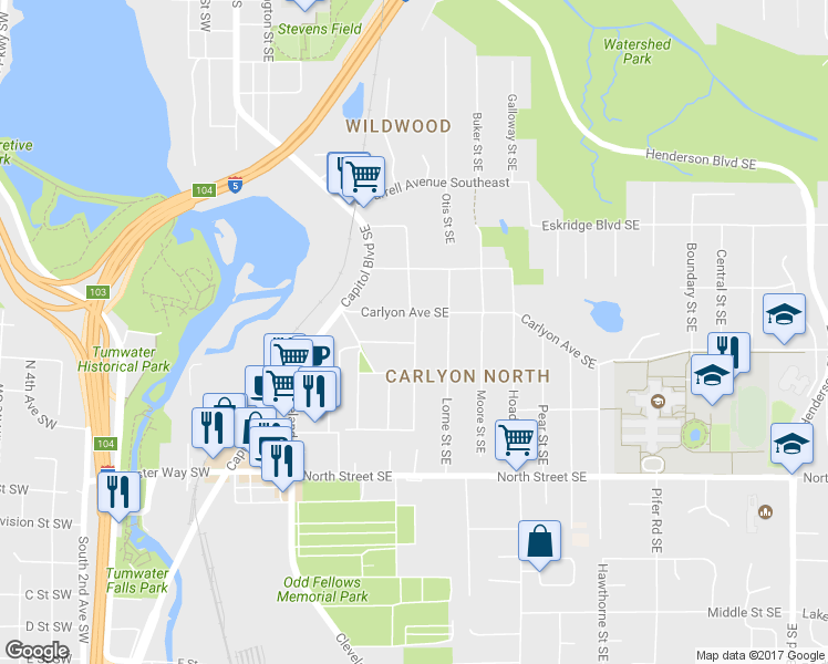 map of restaurants, bars, coffee shops, grocery stores, and more near 3116 Maringo Road Southeast in Olympia