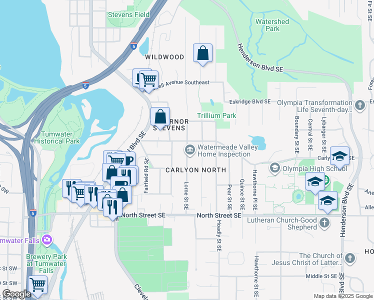 map of restaurants, bars, coffee shops, grocery stores, and more near 3116 Lorne Street Southeast in Olympia