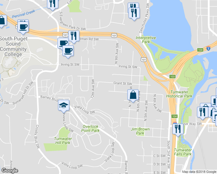 map of restaurants, bars, coffee shops, grocery stores, and more near 939 Grant Street Southwest in Tumwater
