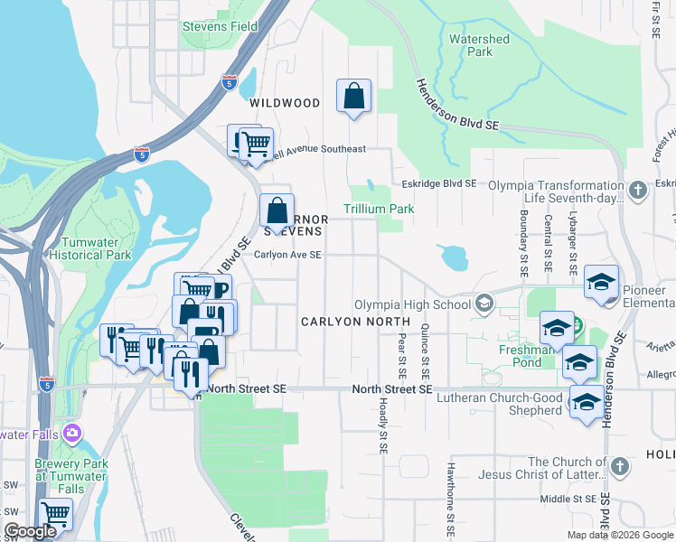 map of restaurants, bars, coffee shops, grocery stores, and more near 3117 Moore Street Southeast in Tumwater