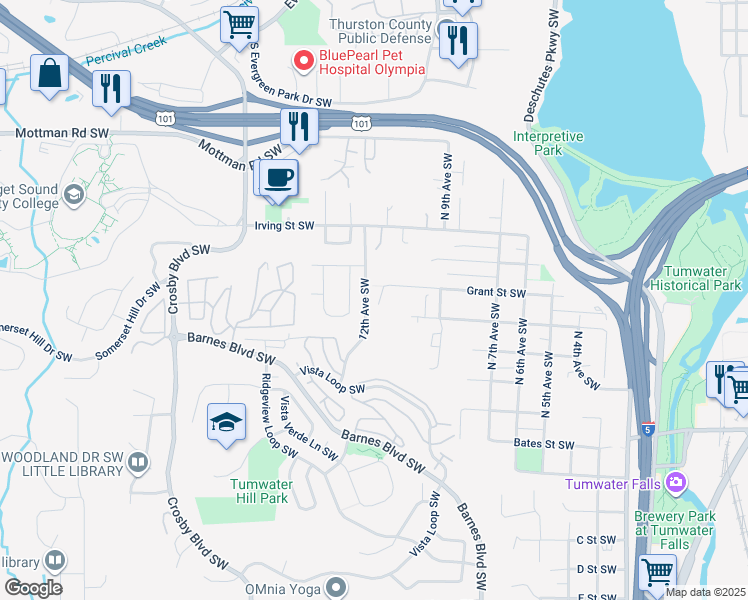 map of restaurants, bars, coffee shops, grocery stores, and more near 605 Grant Street Southwest in Tumwater