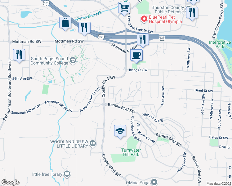 map of restaurants, bars, coffee shops, grocery stores, and more near 2820 Tuscany Lane Southwest in Tumwater