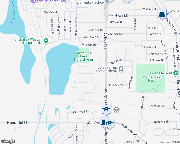 map of restaurants, bars, coffee shops, grocery stores, and more near 4406 30th Avenue Southeast in Lacey