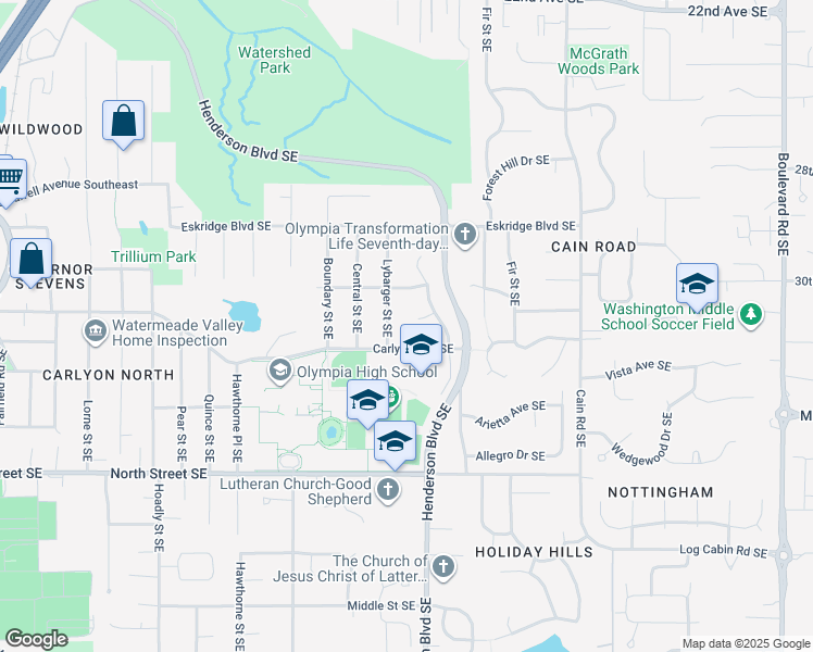 map of restaurants, bars, coffee shops, grocery stores, and more near 3017 Azalea Court Southeast in Olympia