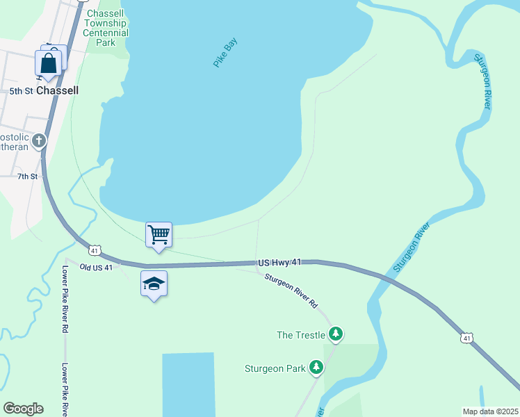 map of restaurants, bars, coffee shops, grocery stores, and more near 301 Half Moon Beach Road in Chassell