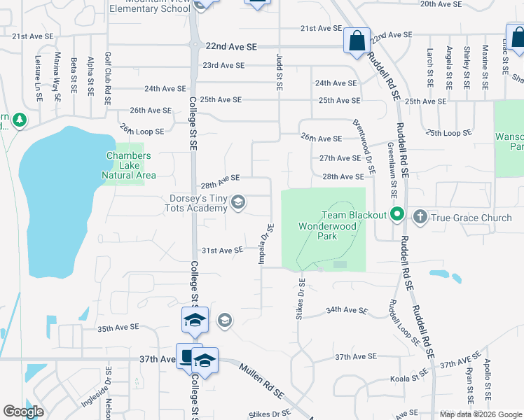 map of restaurants, bars, coffee shops, grocery stores, and more near 2905 Impala Drive Southeast in Lacey