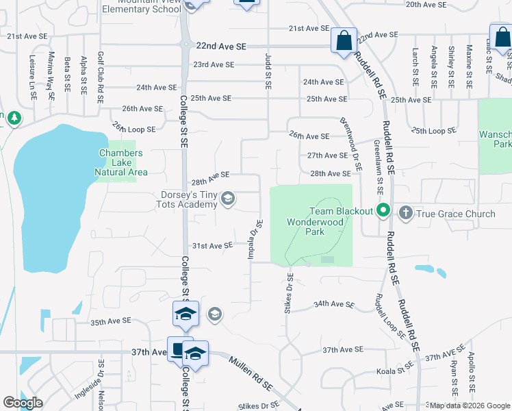 map of restaurants, bars, coffee shops, grocery stores, and more near 2905 Impala Drive Southeast in Lacey