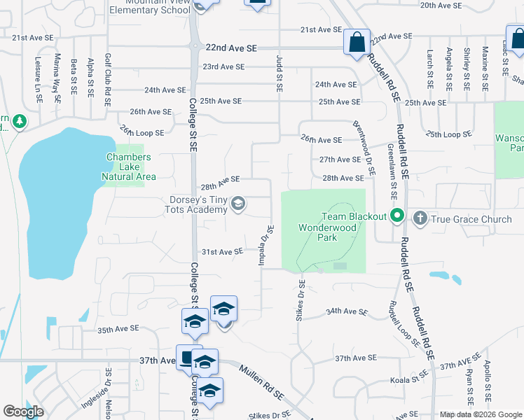 map of restaurants, bars, coffee shops, grocery stores, and more near 2905 Impala Drive Southeast in Lacey