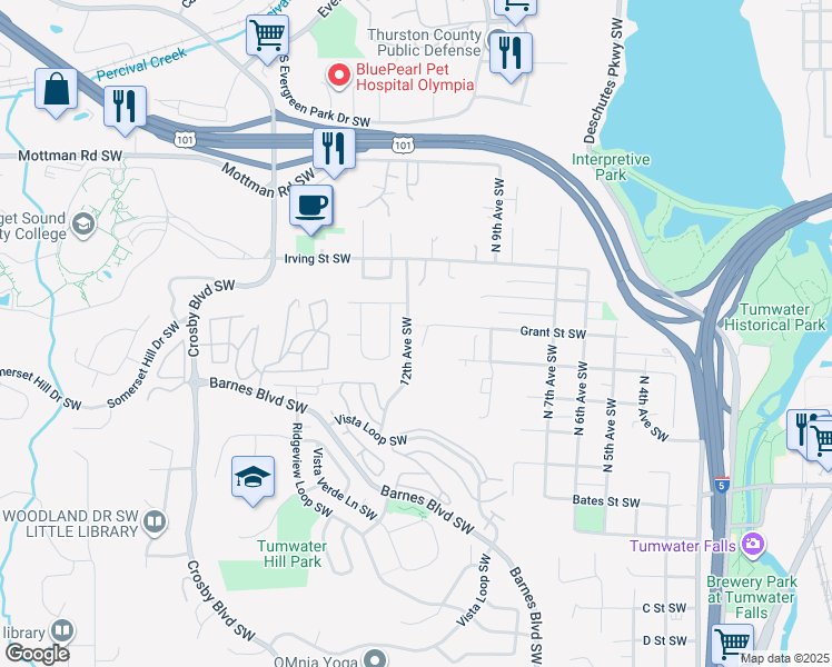 map of restaurants, bars, coffee shops, grocery stores, and more near 605 Grant Street Southwest in Tumwater