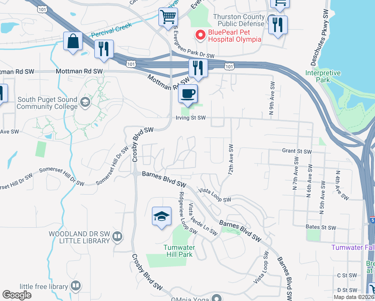 map of restaurants, bars, coffee shops, grocery stores, and more near 1923 Brittany Lane Southwest in Tumwater