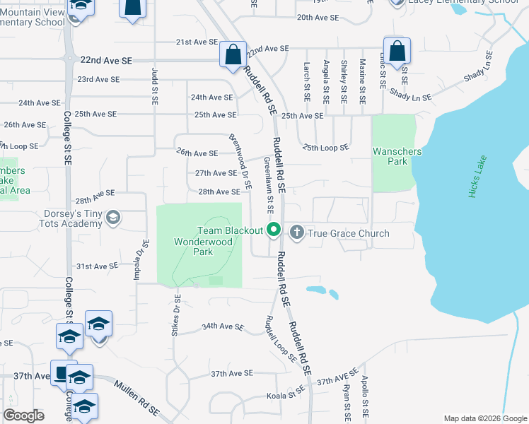 map of restaurants, bars, coffee shops, grocery stores, and more near 2622 Greenlawn Street Southeast in Lacey