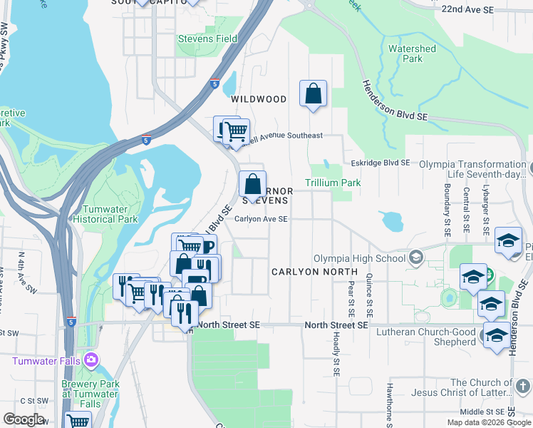 map of restaurants, bars, coffee shops, grocery stores, and more near 3116 Maringo Road Southeast in Olympia