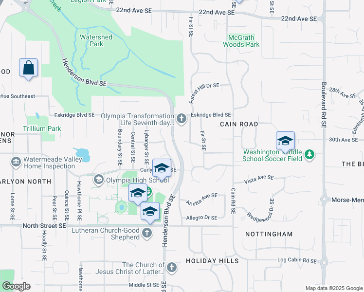 map of restaurants, bars, coffee shops, grocery stores, and more near 1717 Governor Stevens Court Southeast in Olympia