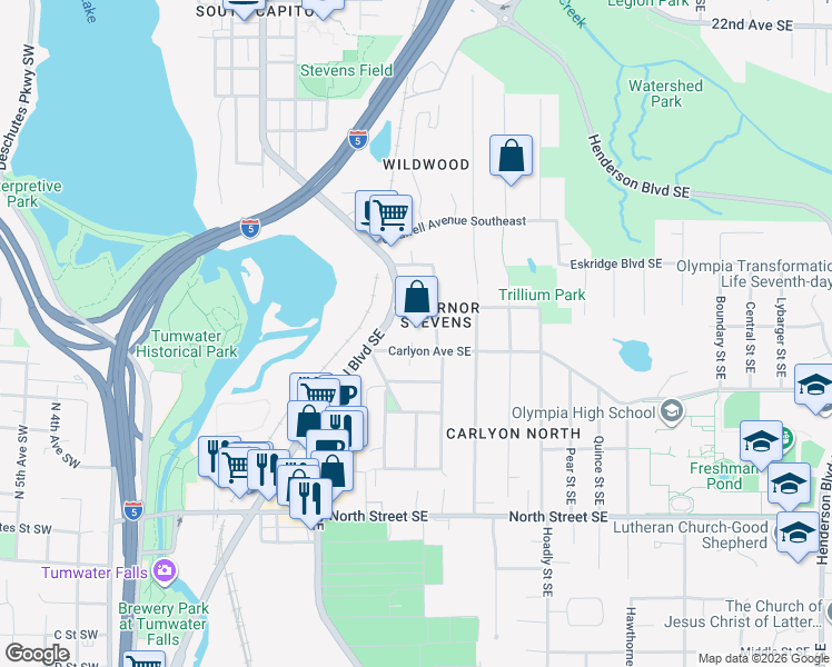 map of restaurants, bars, coffee shops, grocery stores, and more near 515 Governor Stevens Avenue Southeast in Olympia