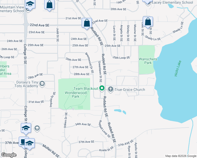 map of restaurants, bars, coffee shops, grocery stores, and more near 2511 Greenlawn Street Southeast in Olympia