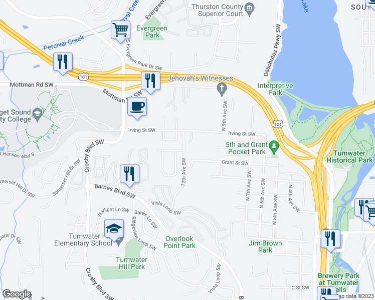 map of restaurants, bars, coffee shops, grocery stores, and more near 1046 Grant Street Southwest in Tumwater