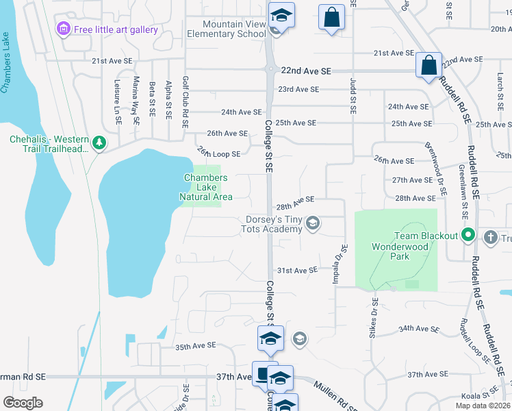 map of restaurants, bars, coffee shops, grocery stores, and more near 2830 Muriel Court Southeast in Lacey
