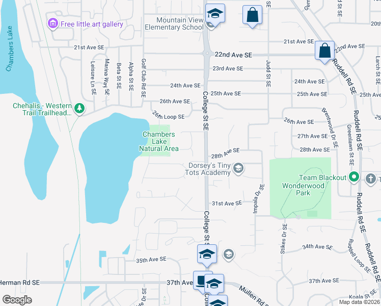 map of restaurants, bars, coffee shops, grocery stores, and more near 2830 Muriel Court Southeast in Lacey