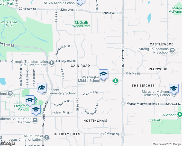 map of restaurants, bars, coffee shops, grocery stores, and more near 3057 Edgewood Drive Southeast in Olympia