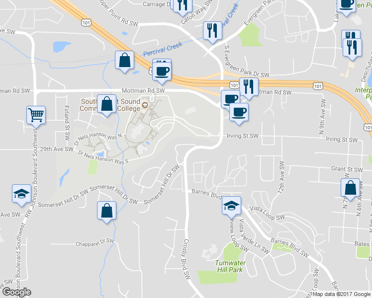 map of restaurants, bars, coffee shops, grocery stores, and more near 2840 Fortner Drive Southwest in Tumwater
