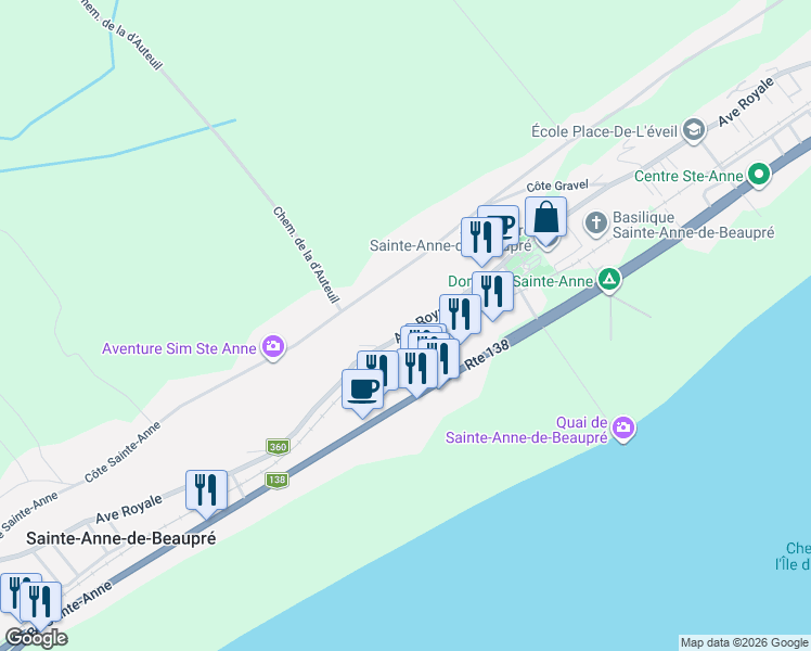 map of restaurants, bars, coffee shops, grocery stores, and more near 9765 Avenue Royale in Sainte-Anne-de-Beaupré