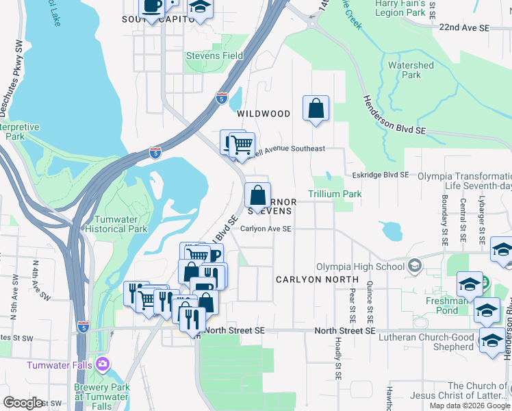 map of restaurants, bars, coffee shops, grocery stores, and more near 515 Governor Stevens Avenue Southeast in Olympia