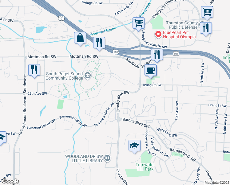 map of restaurants, bars, coffee shops, grocery stores, and more near 2840 Fortner Drive Southwest in Tumwater