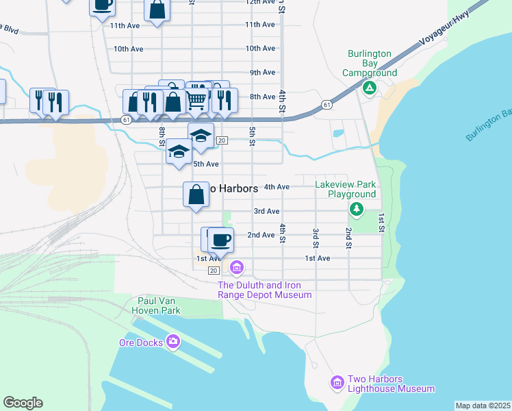map of restaurants, bars, coffee shops, grocery stores, and more near 507 3rd Avenue in Two Harbors