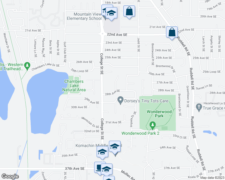 map of restaurants, bars, coffee shops, grocery stores, and more near 2713 Cedar Hills Court Southeast in Lacey