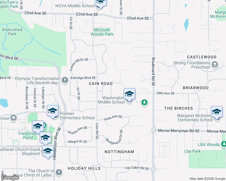 map of restaurants, bars, coffee shops, grocery stores, and more near 3057 Edgewood Drive Southeast in Olympia