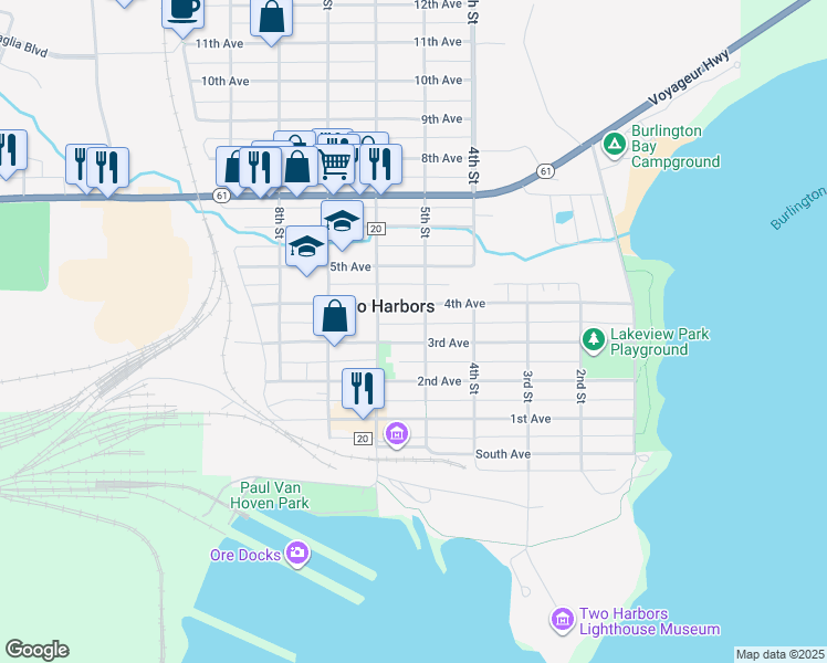 map of restaurants, bars, coffee shops, grocery stores, and more near 507 3rd Avenue in Two Harbors