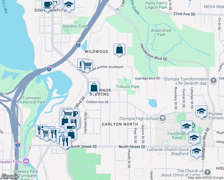 map of restaurants, bars, coffee shops, grocery stores, and more near 711 Governor Stevens Avenue Southeast in Olympia