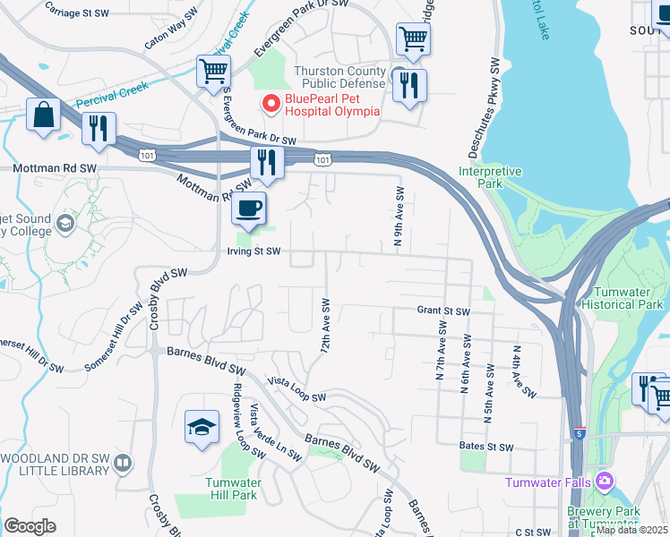 map of restaurants, bars, coffee shops, grocery stores, and more near 1119 Irving Street Southwest in Tumwater