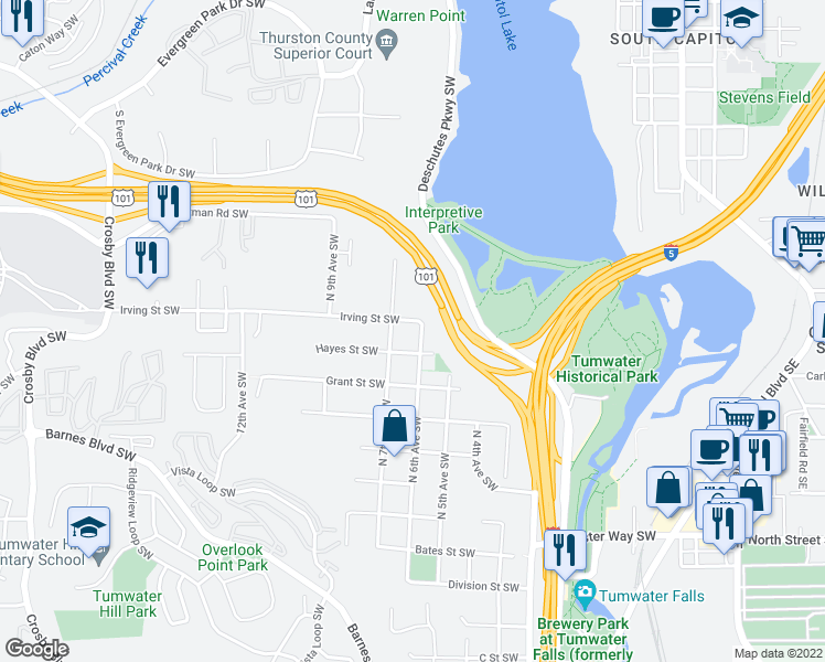 map of restaurants, bars, coffee shops, grocery stores, and more near 815 North 6th Avenue Southwest in Tumwater