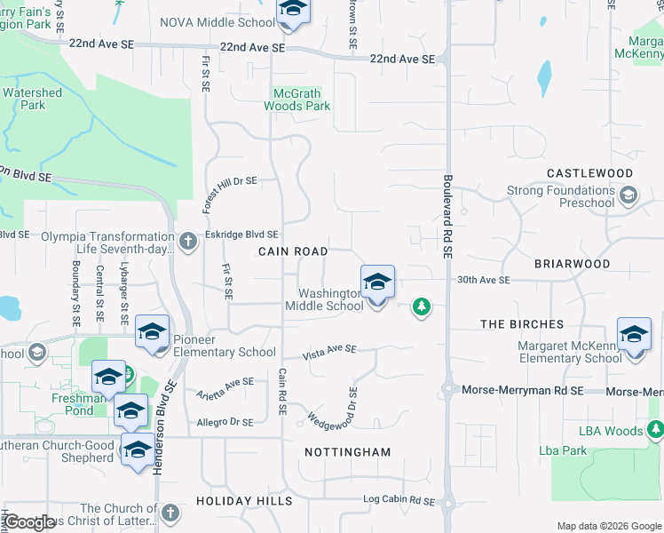 map of restaurants, bars, coffee shops, grocery stores, and more near 3057 Edgewood Drive Southeast in Olympia