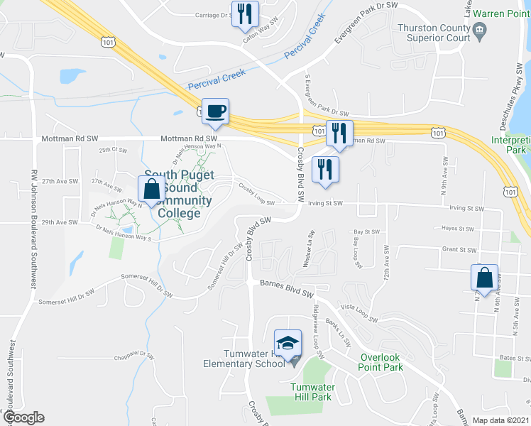 map of restaurants, bars, coffee shops, grocery stores, and more near 2825 Crosby Boulevard Southwest in Tumwater