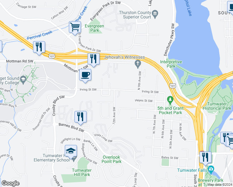 map of restaurants, bars, coffee shops, grocery stores, and more near 1119 Irving Street Southwest in Tumwater