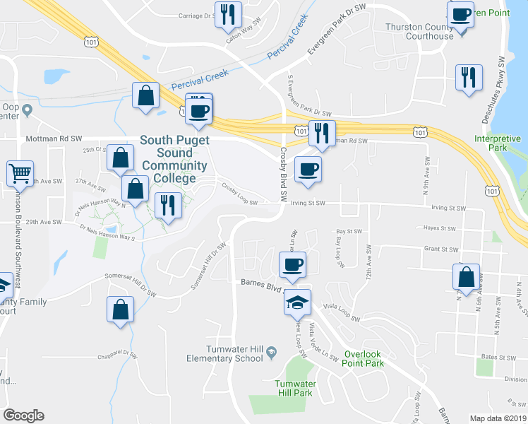 map of restaurants, bars, coffee shops, grocery stores, and more near 2825 Crosby Boulevard Southwest in Tumwater