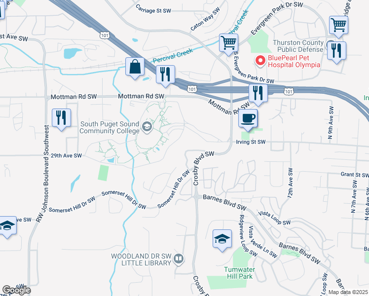 map of restaurants, bars, coffee shops, grocery stores, and more near 2840 Fortner Drive Southwest in Tumwater